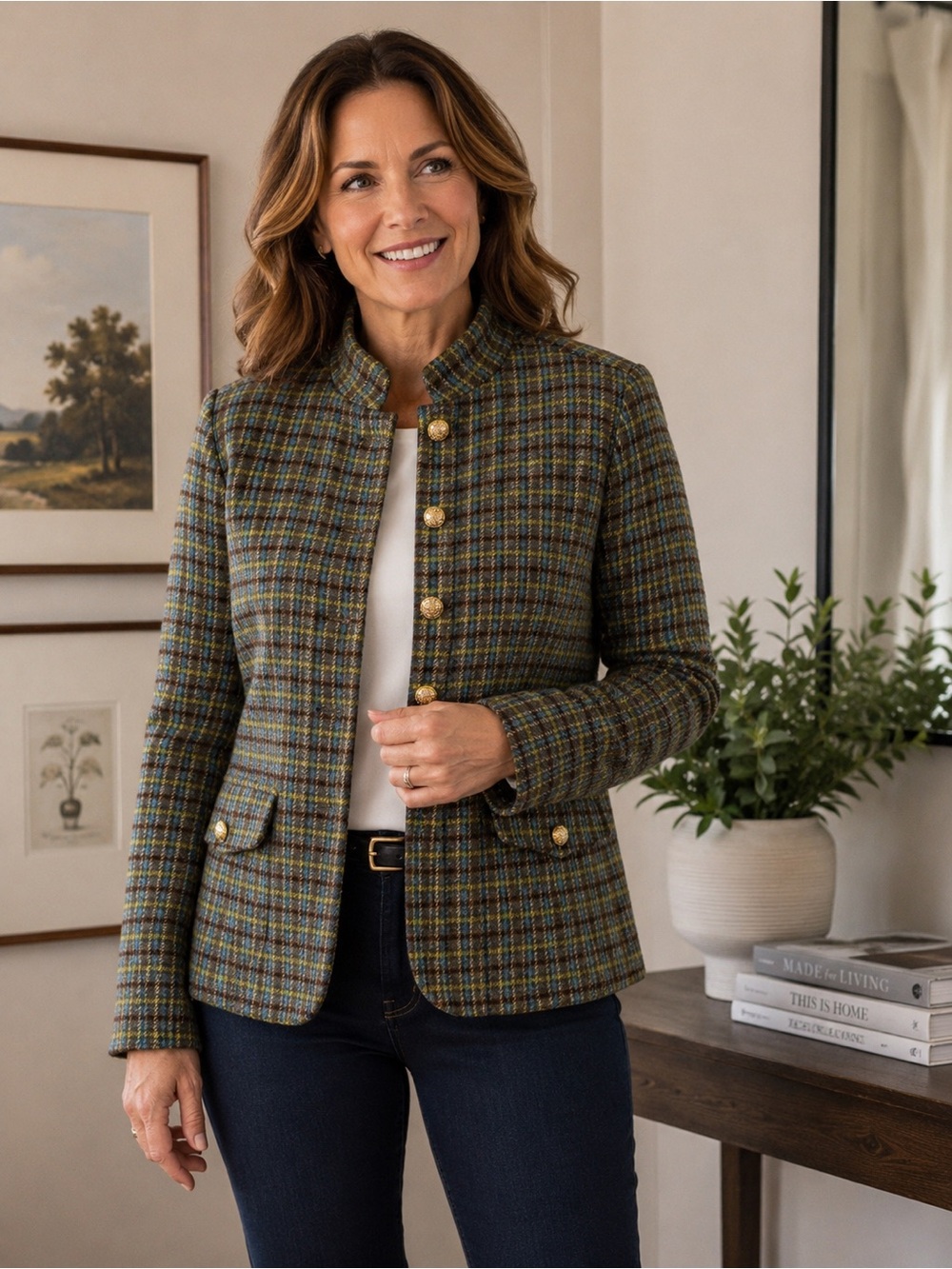 Talbots Plus Wool Blend Plaid Jacket Blazer Size 16W Gold Crest Buttons